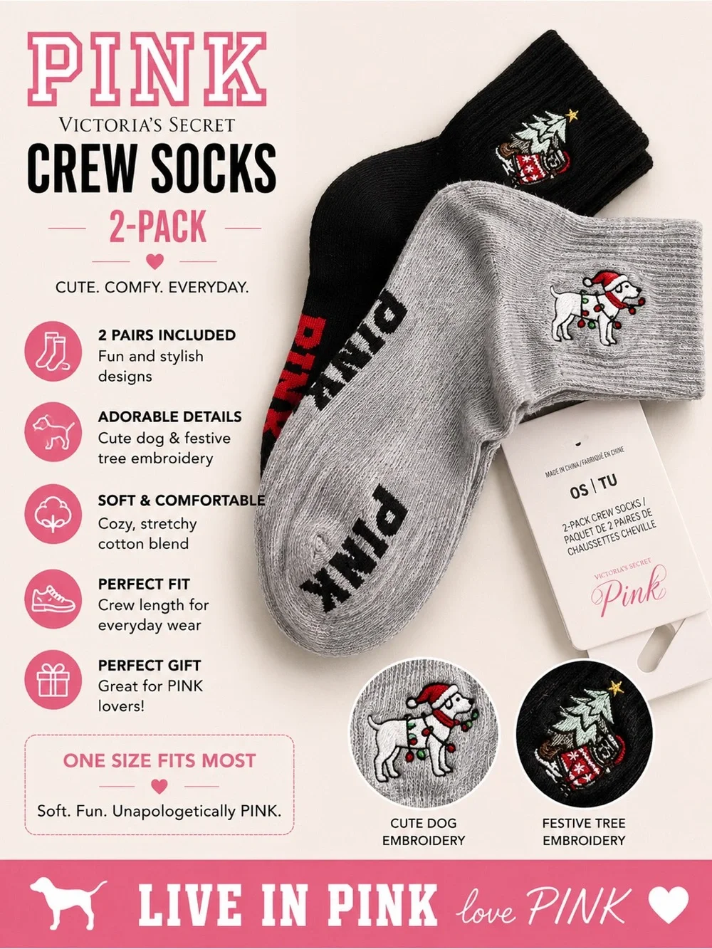 PINK Victoria's Secret Gray & Black Crew Socks 2-Pack